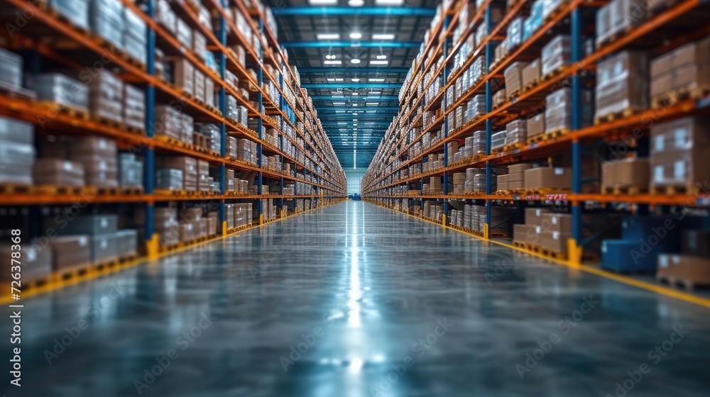 Fototapeta premium blurred warehouse on light bokeh background, transporting cargo boxes - AI generated image