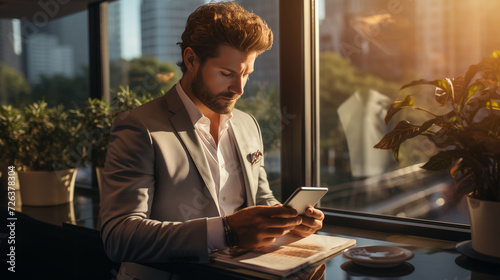 Smart handsome businessman sitting with his head bowed looking at his phone. To discuss appointments with colleagues He sat by the sunset-lit window.