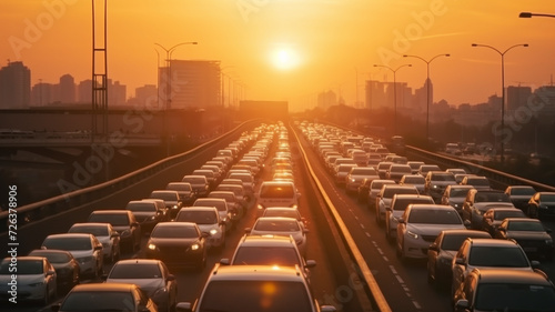 Car roof tops in large traffic jam illuminated by setting Sun photo
