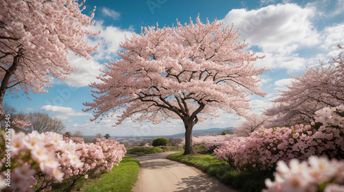 Blooming sakura gardens, trees in flowers, path in the park, spring nature, blue sky