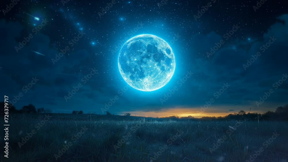 Full moon in starry night sky with natural landscape. seamless looping 4k time-lapse animation video Full moon in starry night sky with natural landscape. seamless looping 4k time-lapse animation video