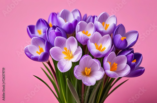Bouquet of crocuses on a pink background