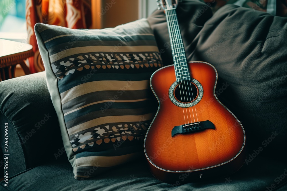 Fototapeta premium couch rest, acoustic guitar resting against the sofa