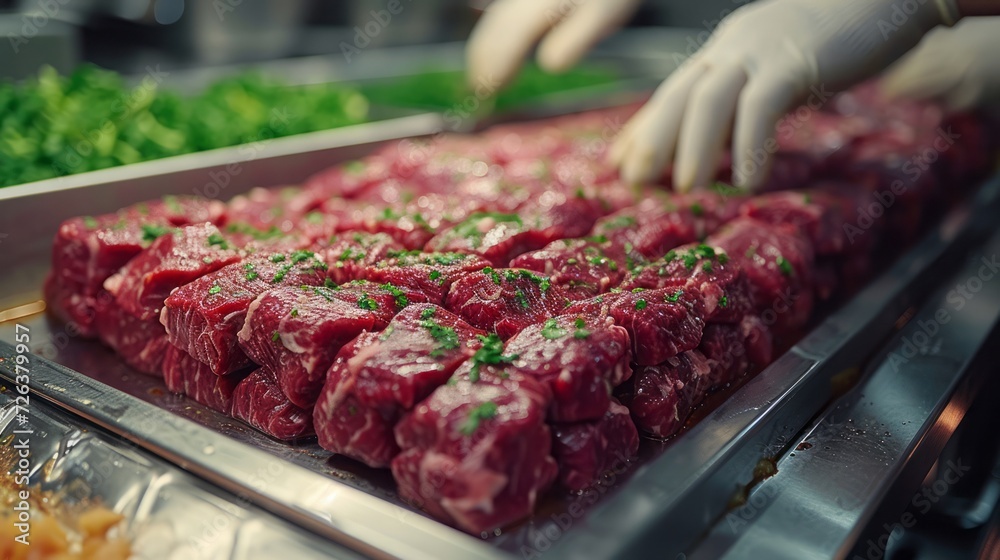 Switch to the scene of the beef processing plant, the workers carefully select the fine beef, and skillfully cut and handle it without carelessness. 