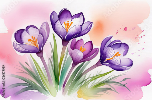 Bouquet of crocuses drawn with watercolor paints on a pink background