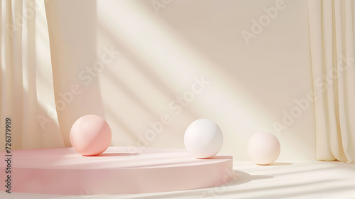 Aesthetic white and beige podium with pastel matte spheres of different sizes. Sun rays. Luxury concept. Generative AI