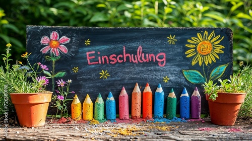 Bunte Einschulungstafel mit Kreidezeichnung