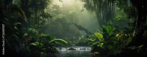 Emerald Realm: Mystical Jungle River Amidst Sunlit Foliage Generative AI © Gelpi