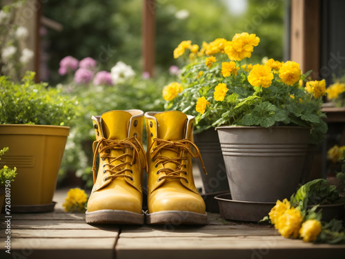 Gardening background with flower pots, colorful flowers, yellow rubber boots in sunny spring or summer garden