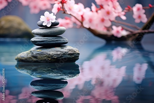 Zen Balance  Stones in Calm Waters with Pink Cherry Blossoms - Generative AI