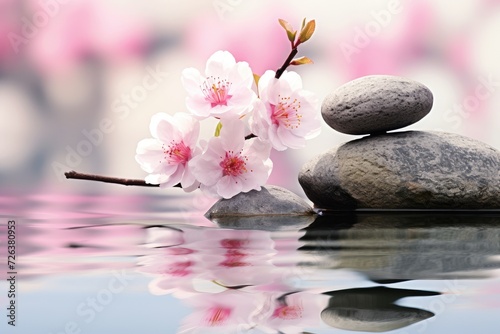 Serene Reflections  Zen Stones Amidst Blossoming Tranquility - Generative AI