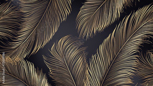 Abstract illustration of dark tropical large leaves, with gold lines, luxury elegant background. Tropical wallpaper