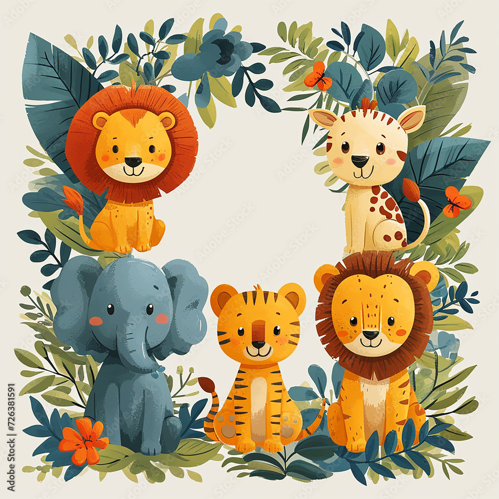 minimalist small cute and fun baby jungle animals in the style of a childrens invitation minimalist small cute and fun baby jungle animals in the style of a childrens invitation
