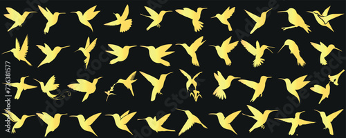 Golden hummingbirds in flight  vibrant pattern against black background. Ideal for artistic expressions  wallpapers. Dynamic  lively atmosphere created by contrasting colors