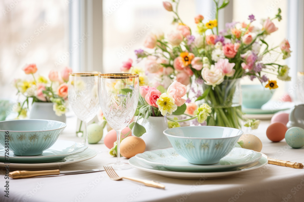 Beautifully decorated Easter breakfast or dinner table with flowers, pastel crockery and colored Easter eggs