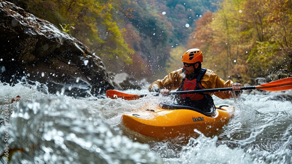An epic outdoor adventure kayaking. Adventure outdoors with an exciting scene showcasing adrenaline-pumping activities like rock climbing, hiking or kayaking.