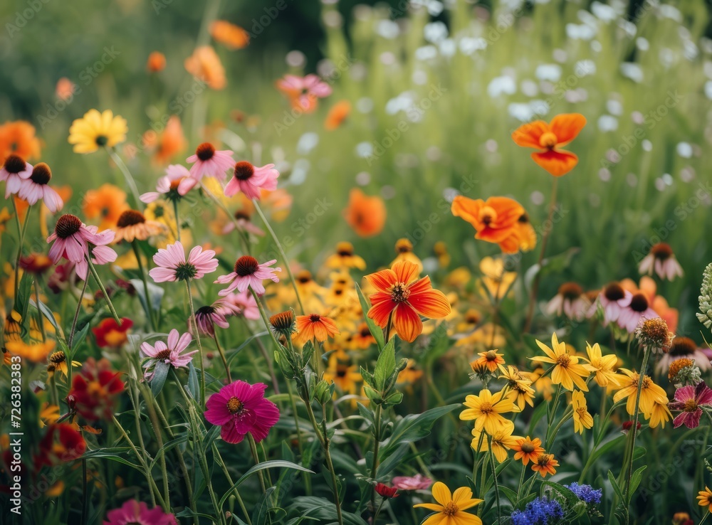 A vibrant garden of blooming flowers in various colors, bathed in sunlight.
