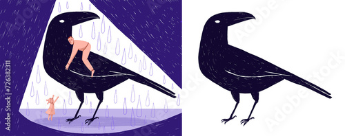 Bird of ill omen / An illustrated black crow and two human characters, in a rainy and sad environment