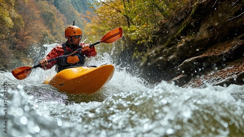 An epic outdoor adventure kayaking. Adventure outdoors with an exciting scene showcasing adrenaline-pumping activities like rock climbing, hiking or kayaking. © Svfotoroom
