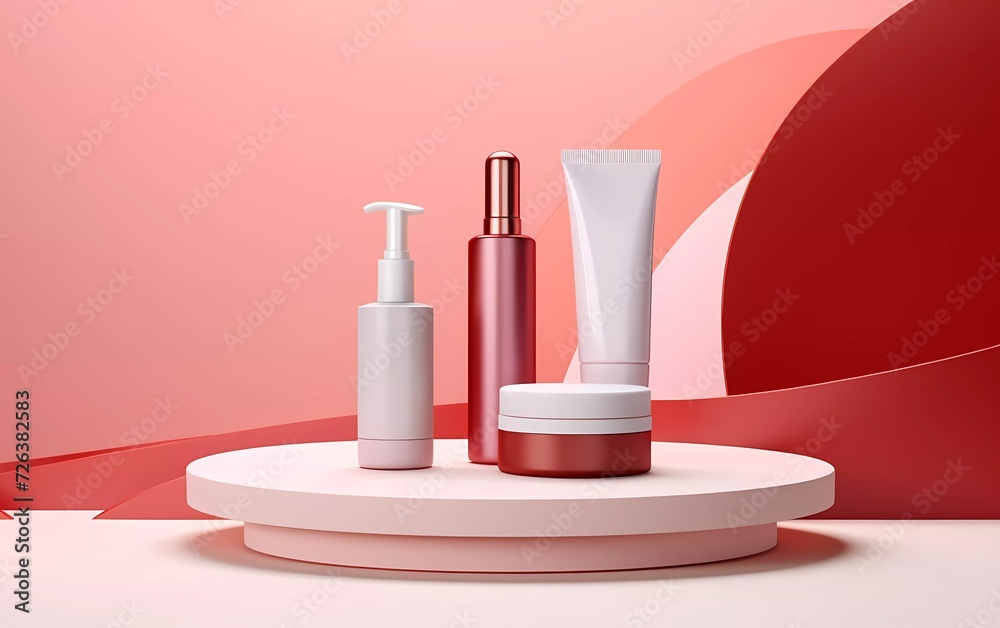 3d illustration Three cosmetic product mockups on a geometric podium. Cosmetic presentation background. generative ai 3d illustration Three cosmetic product mockups on a geometric podium. Cosmetic presentation background. generative ai