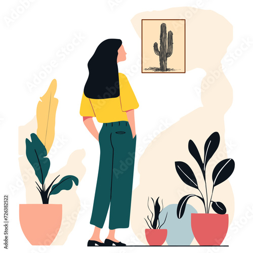 Artistic Insight: Women Viewing Painting - Evocative of Aesthetic Appreciation and Cultural Exploration. Flat Vector Illustration