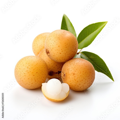 Fresh longan fruit with leaves isolated on white background