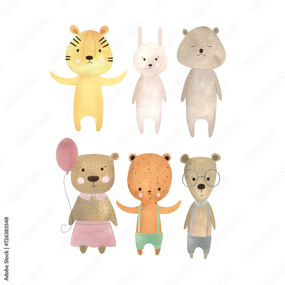 set of illustrations of watercolor cute hand drawn bears. adorable bear cubs set of illustrations of watercolor cute hand drawn bears. adorable bear cubs