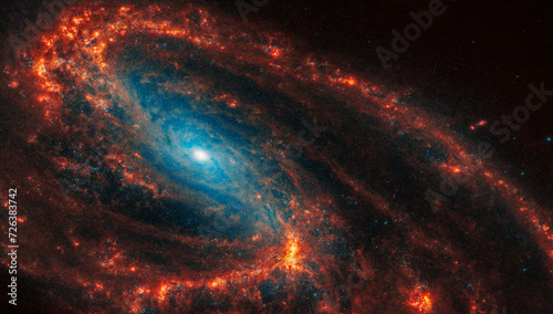 Face-on spiral galaxy, NGC 3627. Bright orange, red blue, black hole galactic long-range captured image. Elements of this image furnished by NASA (observed by the Webb telescope) photo