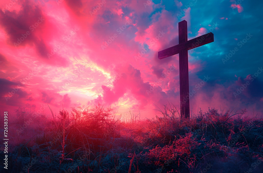 Obraz premium Cross Silhouette Against Dramatic Sunset Sky