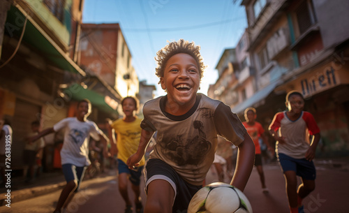 Group of latino boys smiling and laughing while they running by narrow poor Favela Brazilian Rio de Janeiro district with old football ball as team mates. Active people, child dream and travel concept