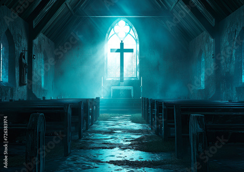 Mystical Church Interior with Cross Window Light