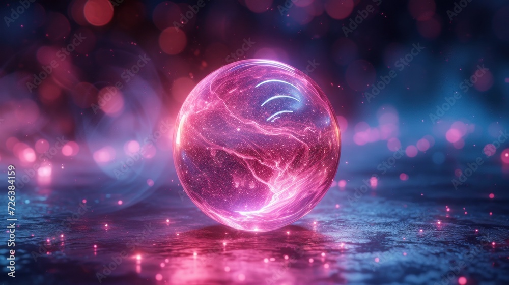 Glowing Energy Sphere Emits Pink Light on Sparkling Surface Glowing Energy Sphere Emits Pink Light on Sparkling Surface