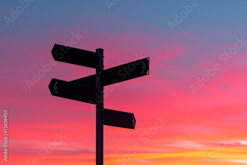 Multiple signposts against a vibrant sunset sky, offering metaphorical guidance, choices, and the beauty of twilight