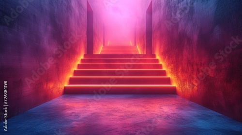 Illuminated Neon Staircase With Vibrant Colors in a Dark Hallway