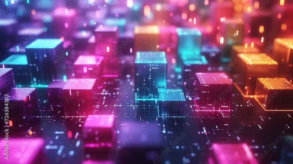 Obraz premium Glowing Neon Cubes in a Futuristic Digital Landscape