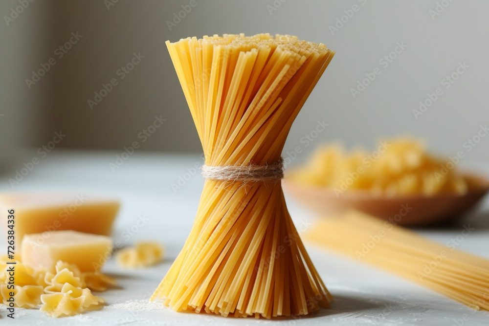 Hard Spaghetti bundle of raw spaghetti tied with twine, surrounded by pieces of hard ...