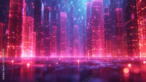 Futuristic Cityscape Bathed in Neon Lights at Twilight