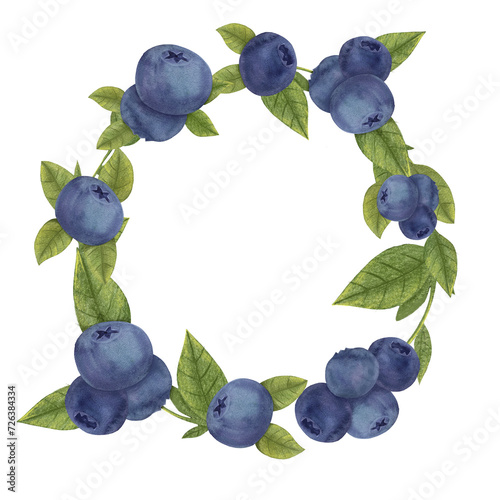 Watercolor frame of a dark blue berry, blueberry picture, serviceberry image, Vaccinium corymbosum, Bilberries