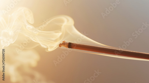 Aesthetic incense stick with smoke on a light sunny background. Spa meditation concept. Copy space. Generative AI