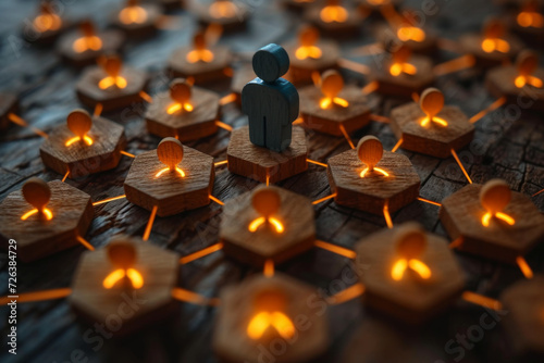 conceptual image of glowing wooden figures in a network with one blue figure in the center, representing networking, leadership, and connectivity