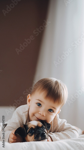 Toddler embracing a puppy with gentle care, a moment of pure bond and joy between a child and a pet.