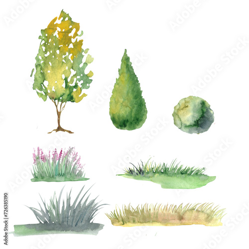 set illustration for landscape design hand drawn in watercolors, trees, grass. Plant motifs for the garden.