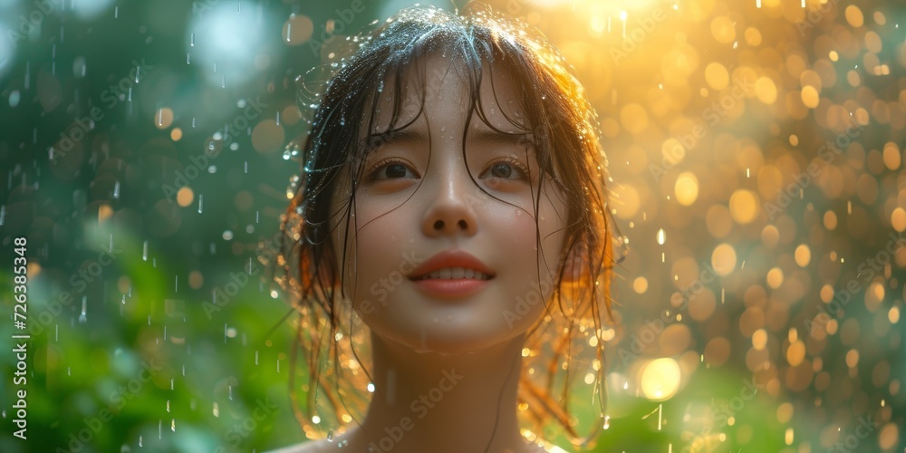 A young and beautiful woman meets the sunset in nature during the rain.