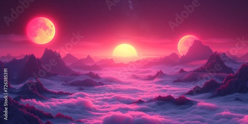 Vibrant Cosmic View of Planets and Nebula From an Alien Landscape at Twilight