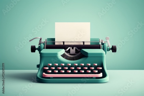 Vintage teal typewriter with a blank paper, ready for creative writing