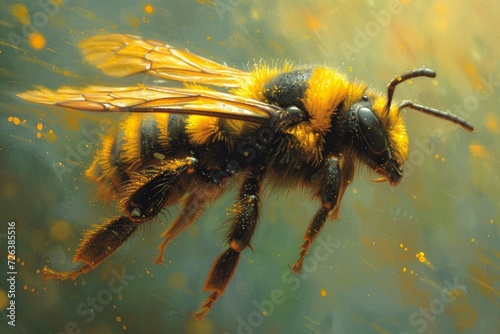 Illustration of a bee in the process of pollination surrounded by bright flowers of a blooming garden. © Iryna