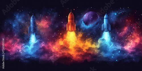 Vivid Watercolor Illustration of Rockets Launching Into a Starry Space Vista © photolas