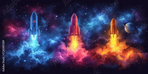 Vivid Watercolor Illustration of Rockets Launching Into a Starry Space Vista