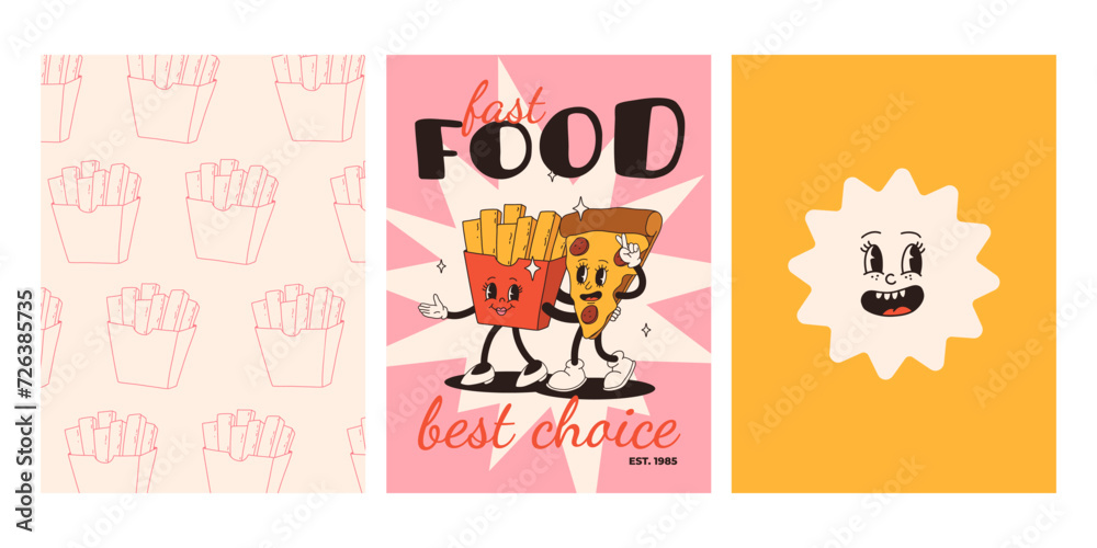 Obraz premium Set of fast food posters. Retro groovy cards with street food characters. Brochure with funky groovy burger, french fries, soda, ice cream, donut, pie, coffee to go, sandwich. Fast food delivery