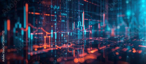 Abstract background of business strategy incorporating stock market, small machines, and financial graphs.